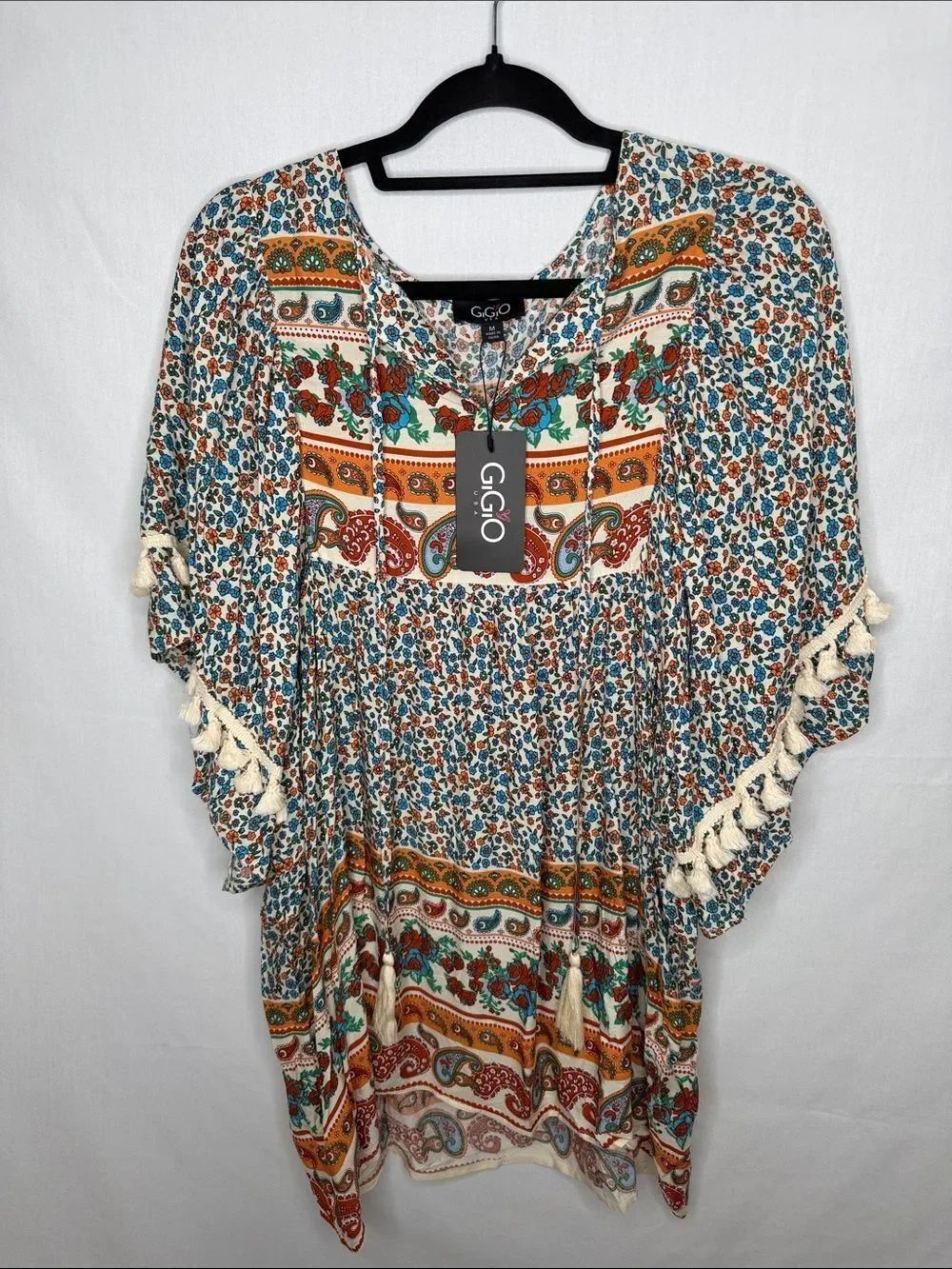 GIGIO Boho Tassel Tunic in Cream and Teal Floral Print